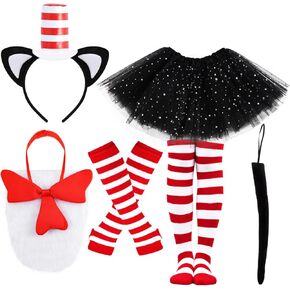 Cute Cat Costume Accessories Headband in Red and White Striped Cat Hats Gloves Socks Tail Tutu Skirt for Read Book Day Halloween Party Dress up