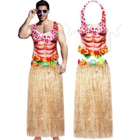 2 Pcs Hawaiian Costume Luau Body Printed Bikini Apron Grass Skirt Set Funny Summer Beach Party Outfit for Hawaiian Hula Adult