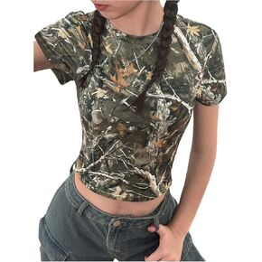 SOLY HUX Girl's Camo T Shirt Crew Neck Short Sleeve Tee Y2k Vintage Leaf Print Going Out Crop Tops