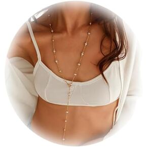 Silver/Gold Pearl Long Chest Body Chain Necklace Sexy Bikini Simple Crystal Bead Clavicle Necklace Summer Beach Pearl Bra Body Chain Jewelry for Women