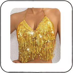 Aukmla Women Sparkly Sequin Fringe Crop Top Gold Belly Dance Halter Bra Tops Nightclub Body Chain Jewelry