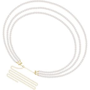 Linkidea Plus Size Chain Belt for Women, 3 Layers White Pearl Waist Chains, Extra Large Body Chain, 33.4-59 Inch Adjustable Chunky Belt Chain
