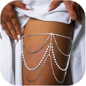 Rhinestone Pearl Leg Chain Jewelry,Elastic Adjustable Crystal Pearl Tassel Leg Thigh Chain Summer Beach Rhinestone Multi-layered Thigh Chain Jewelry for Women