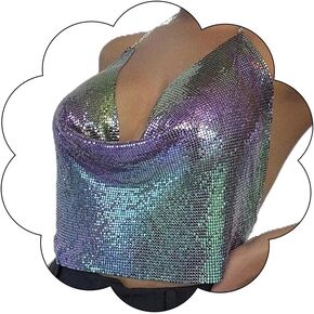 Foyte Boho Shiny Sequins Body Chain Top Deep V Neck Bra Body Jewelry Bikini Crop Top Shirt Waist Chains Nightclub Party Body Jewelry Accessory for Women