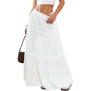 SweatyRocks Women's Ruffle Frill Tiered Eyelet Embroidery Elastic Waist Boho Maxi Skirts