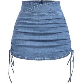 Floerns Women's Drawstring Side Ruched Denim Skirt High Waist Bodycon Mini Skirts