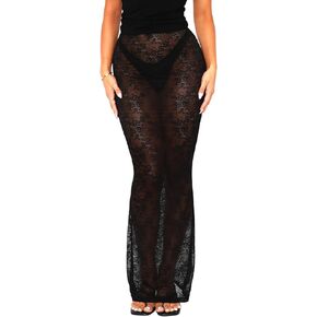 Sheer Mesh Lace Maxi Skirts for Women Bodycon Pencil Skirt See Through Rave Vacation Beach Coverup Long Skirt