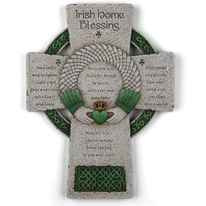 DevotedWalls 8 inch Traditional Irish Cross, Hand-Carved Celtic Cross for Wall Hanging, Hand-Painted Irish Blessing for Living Room, Green Celtic Blessing Home Decor,Ireland Gifts for Family and Friends (Stone & Green Color)