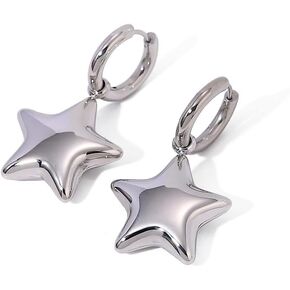Dainty 3D Star Dangle Drop Small Hoop Earrings for Women Cute Stainless Steel Gold Silver Plated Stars Dangling Huggie Hoops Lightweight Hypoallergenic Fashion Trendy Jewelry Birthday Gift Her