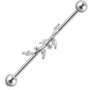 14G CZ Leaf Industrial Barbell for Women Dainty Stainless Steel Cartilage Industrial Earrings Industrial Piercing Jewelry 38mm