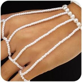 Kercisbeauty Pearl Beads Bracelet with Finger Rings Harness Slave Hand Chain Accessories (Short-Pearl Beads)