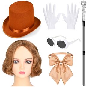 6 Pcs Chocolate Worker Costume Set Include Top Hat,Wig,Walking Scepter,Gloves,Champagne Bow Tie and Sunglasses for Men Women Halloween Party Dress Up (Brown)