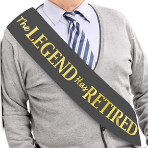 The Legend Has Retired Sash – Gray and Gold Foil Legendary Sash for Both Women and Men & a Large Gold Safety Pin. Perfect for Retirement Parties by JPACO