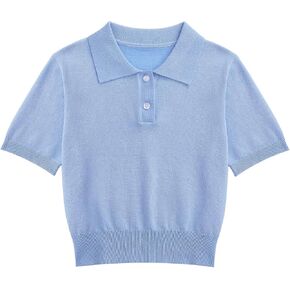 Girls Short Sleeve Polo Shirt V Neck Button Down Shirts Summer Knit School Uniform Crop Tops