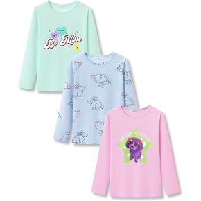 Girls Long Sleeve T-Shirt 3 Packs- Soft Tops Star Dog/Heart Shaped Balloons/Bunny Graphic Tee Size 6-14