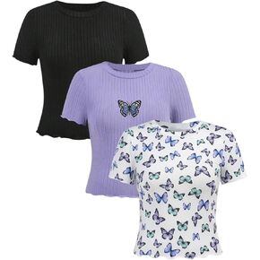 SweatyRocks Girl's 3 Pack T Shirts Butterfly Graphic Short Sleeve Crew Neck Ribbed Knit Summer Tops