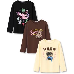 Girls Long Sleeve T-Shirt 3 Packs- Soft Tops Star Dog/Heart Shaped Balloons/Bunny Graphic Tee Size 6-14 in Saudi Arabia