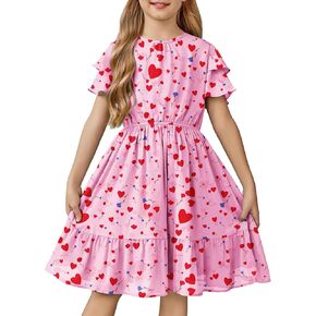 Arshiner Girls Dresses Formal Ruffle Sleeve Elegant Chiffon Party Pleated Casual Swing Dress with Pockets for 5-12 Years
