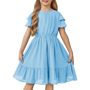Arshiner Girls Dresses Formal Ruffle Sleeve Elegant Chiffon Party Pleated Casual Swing Dress with Pockets for 5-12 Years in Kuwait
