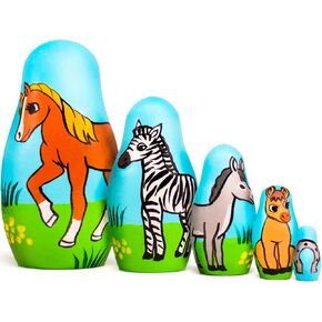 AEVVV NESTING DOLLS HORSES مجموعة من 5 أجزاء - التماثيل الخشبية المصنوعة يدويًا - هدايا لمحبي الخيول - ديكور الخيول للمنزل