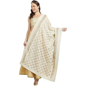 Women's Cream Georgette Lucknowi Work Dupatta With Gotta Patti Work Free Off White