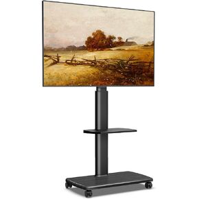 FITUEYES Rolling TV Stand with Power Outlets, Swivel Portable TV Stand for 32-75Inch LCD LED OLED Flat/Curved Panel Screen TVs,Height Adjustable&Wood Base, Mobile TV Cart with1 Shelf.