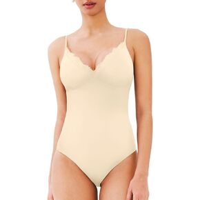 REORIA Women's Lace Trim V-Neck Bodysuit Spaghetti Straps Sexy Outfit 2025 Spring/Summer Designer Collection