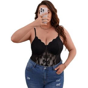 Women's Plus Size Chic Flower Lace-Trimmed Bodysuit for Women,Adjustable Straps,Elegant Floral Sheer Mesh Detail