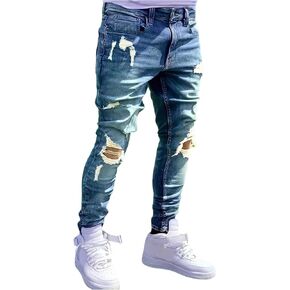 Men's Skinny Jeans High Waisted Ripped Stretch Distressed Denim Pants with Pockets