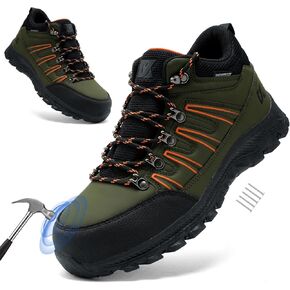 Men's Green Steel Toe Hiking Shoes, Industrial Safety Boots with Puncture Proof, Non Slip, Water Resistant, Comfortable for Construction, Outdoor, Work & Daily Use