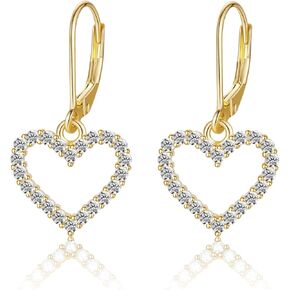 14K Gold Plated Sterling Silver Lever Back Heart Earrings for Women, Leverback CZ Heart Hoop Earrings Hypoallergenic Jewelry Gift