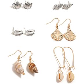 Aktully 6PC Summer Beach Earring Set for Women Gold Bohemian Shells Starfish Conch Dangle Earrings Dainty Leaves Pearl Stud Earrings Summer Gifts for Women