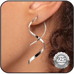 Gold/Silver Spiral Threader Earrings for Woman Trendy,18K Gold Plated/Silver Twisted Curved Dangle Drop Earrings Hypoallergenic, Long Pull Through Earrings Jewelry Gifts Non Tarnish