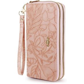 Wallet Women, Large Capacity Double Zip Clutch Wallets for Women PU Leather Credit Card Holder with Wrist Strap (Pink)