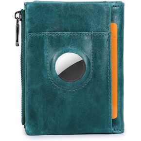 Womens Bifold Wallet Leather, AirTag Minimalist Leather Purse for Women Small Coin Card Zipper Pocket with RFID Blocking (Peacock Blue)
