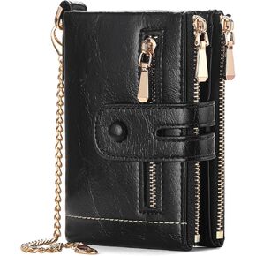 محافظ Gaekeao الصغيرة للنساء الجلود RFID حظر Bifold Bifold double Zipper Coin Pocket مع سلسلة مضادة للسرقة