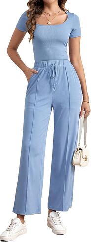 BARASA Women's Two-piece Set Square Neck Short Sleeve Basic Tops High Waisted Wide Leg Pants Lounge Sets S71 in Saudi Arabia