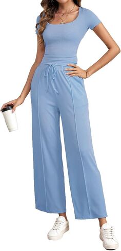 BARASA Women's Two-piece Set Square Neck Short Sleeve Basic Tops High Waisted Wide Leg Pants Lounge Sets S71 in Saudi Arabia