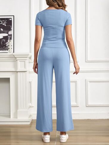 BARASA Women's Two-piece Set Square Neck Short Sleeve Basic Tops High Waisted Wide Leg Pants Lounge Sets S71 in Saudi Arabia