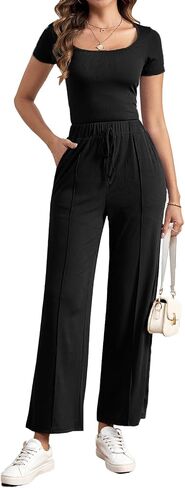 BARASA Women's Two-piece Set Square Neck Short Sleeve Basic Tops High Waisted Wide Leg Pants Lounge Sets S71 in Saudi Arabia