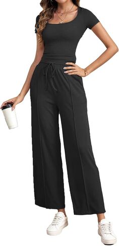 BARASA Women's Two-piece Set Square Neck Short Sleeve Basic Tops High Waisted Wide Leg Pants Lounge Sets S71 in Saudi Arabia