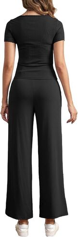 BARASA Women's Two-piece Set Square Neck Short Sleeve Basic Tops High Waisted Wide Leg Pants Lounge Sets S71 in Saudi Arabia