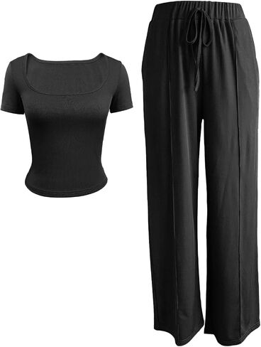 BARASA Women's Two-piece Set Square Neck Short Sleeve Basic Tops High Waisted Wide Leg Pants Lounge Sets S71 in Saudi Arabia