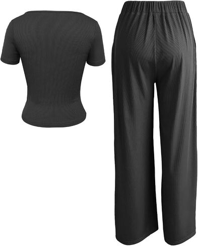 BARASA Women's Two-piece Set Square Neck Short Sleeve Basic Tops High Waisted Wide Leg Pants Lounge Sets S71 in Saudi Arabia