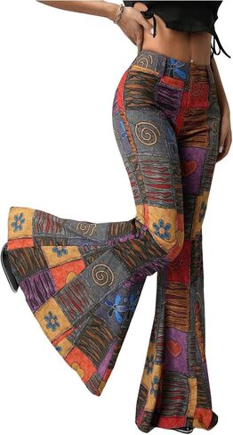 SOLY HUX Women's Retro Bell Bottom Pants High Waisted Printed Skinny Flare Leg Trousers in Saudi Arabia