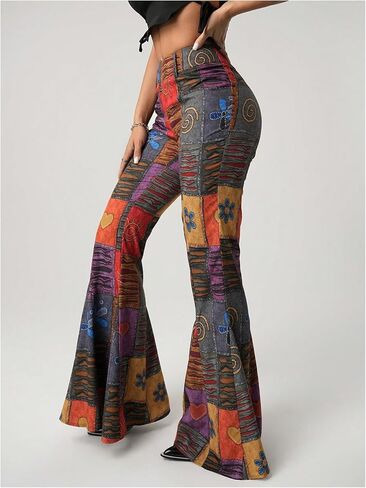 SOLY HUX Women's Retro Bell Bottom Pants High Waisted Printed Skinny Flare Leg Trousers in Saudi Arabia