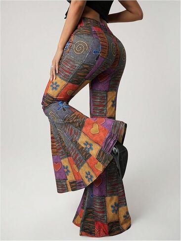 SOLY HUX Women's Retro Bell Bottom Pants High Waisted Printed Skinny Flare Leg Trousers in Saudi Arabia