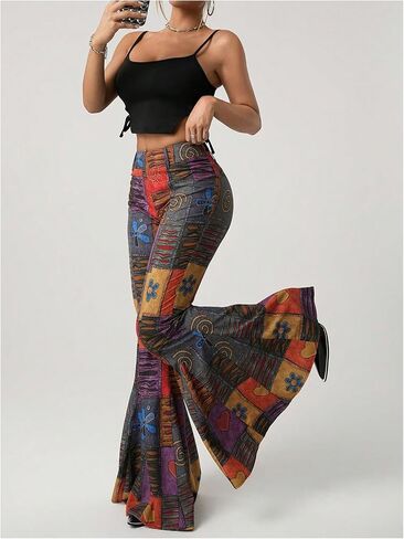 SOLY HUX Women's Retro Bell Bottom Pants High Waisted Printed Skinny Flare Leg Trousers in Saudi Arabia