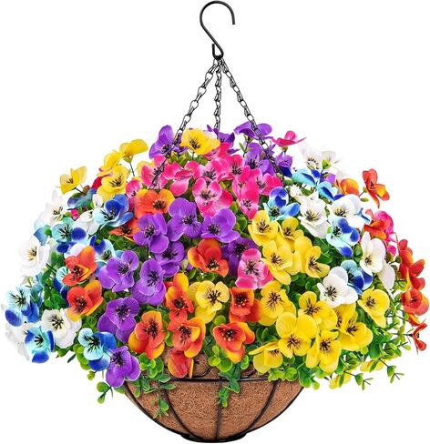 Artificial Hanging Flowers with Baskets for Outdoors, Fake Silk Pansy Flowers UV Resistant Faux Hanging Plants for Front Porch Patio Yard Home Spring Summer Decoration, Multicolor in Saudi Arabia