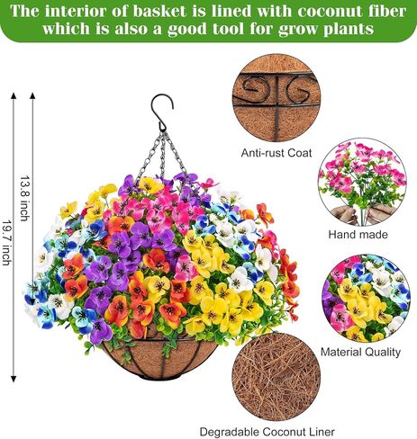 Artificial Hanging Flowers with Baskets for Outdoors, Fake Silk Pansy Flowers UV Resistant Faux Hanging Plants for Front Porch Patio Yard Home Spring Summer Decoration, Multicolor in Saudi Arabia